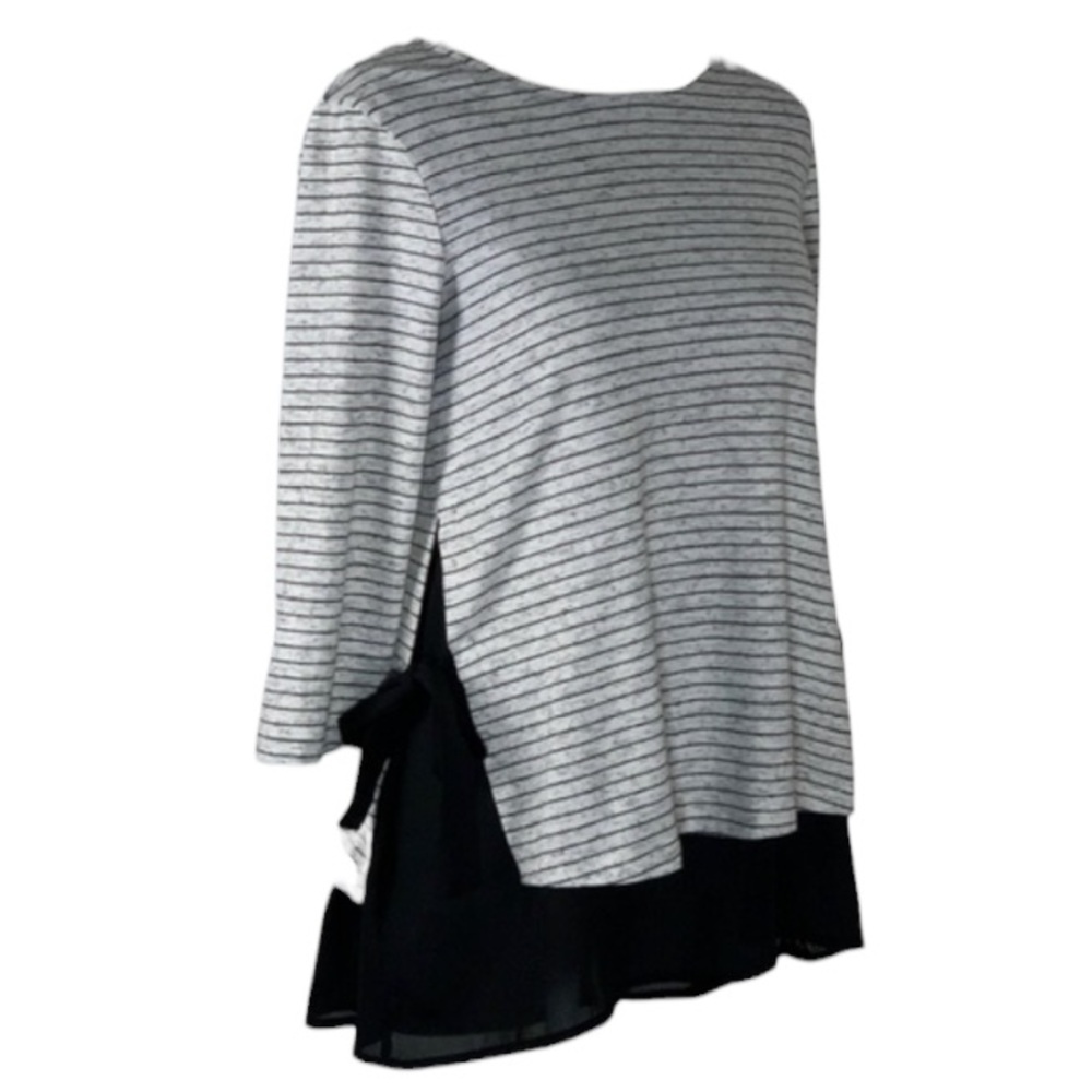 *Pebble & Stone Pullover Stripe Top Gray Black Small Side Tie Sheer Trim Casual